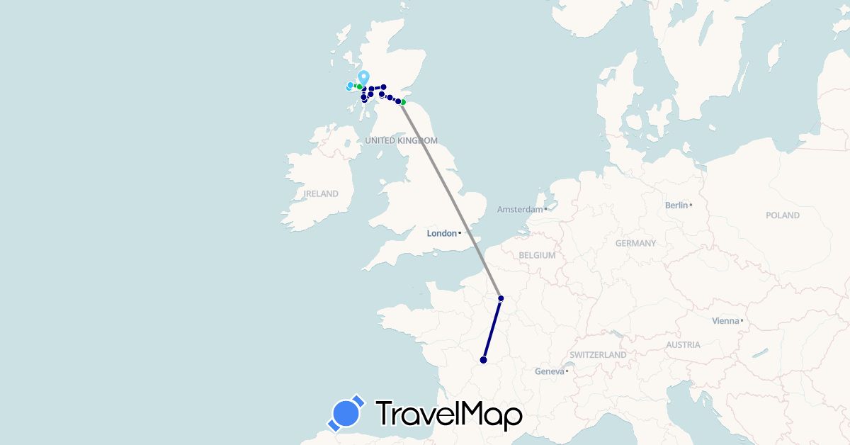 TravelMap itinerary: driving, bus, plane, boat in France, United Kingdom (Europe)